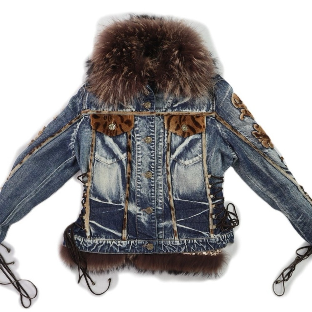 GIORGIO ROTTI Denim Jacket with Fur Trim and Embroidery. Size 42M